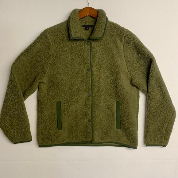 J. Crew Jacket Fleece Polartec Snap Button Front Olive Green Collared Pile - Picture 1 of 8